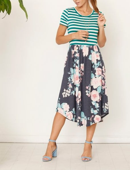Eloges Women's 3/4 Sleeve Floral Midi Dress With Banded Waist & Pockets - Made In USA, Flowy Knee-Length Dress