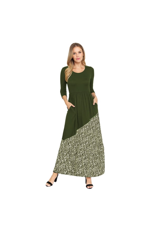 Women's 3/4 Sleeve Asymmetrical Color Block Maxi Dress