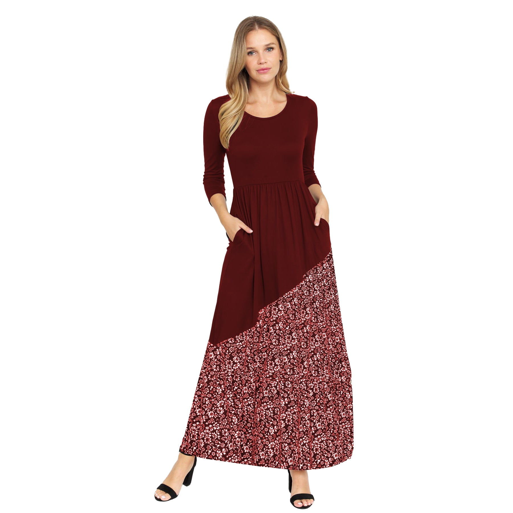 Eloges Women's 3/4 Sleeve Asymmetrical Color Block Maxi Dress, Size: Small, Red