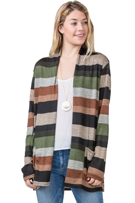 Women's Multi Color Stripe Elbow Patch Open Cardigan