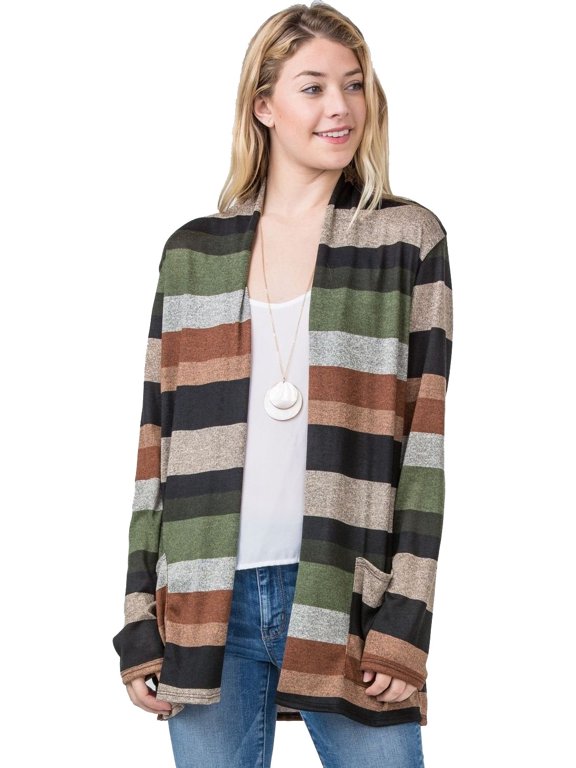 Women's Multi Color Stripe Elbow Patch Open Cardigan