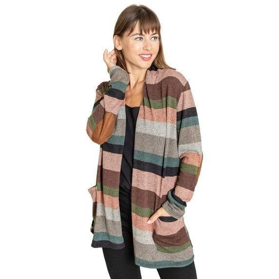 Eloges Women's Multi Color Stripe Elbow Patch Open Cardigan