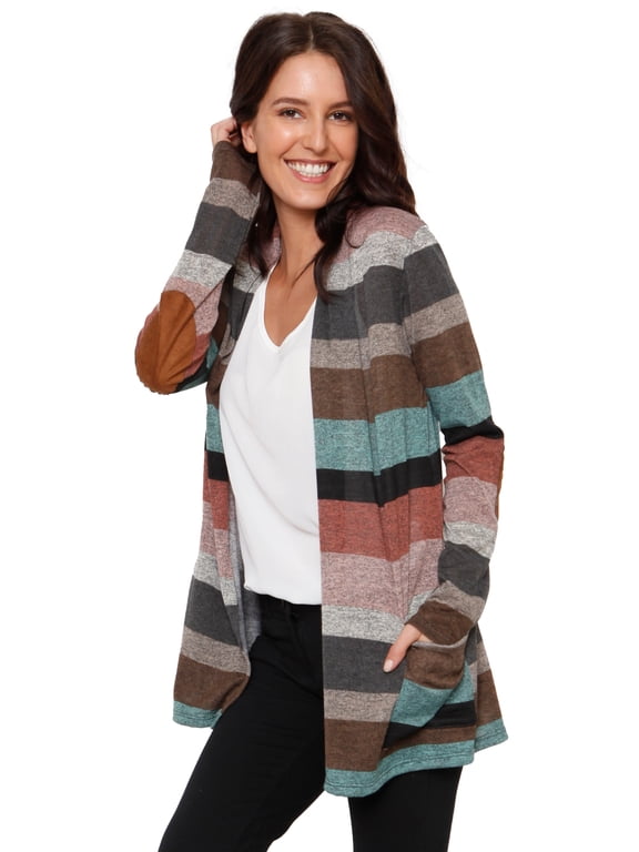 Women's Multi Color Stripe Elbow Patch Open Cardigan