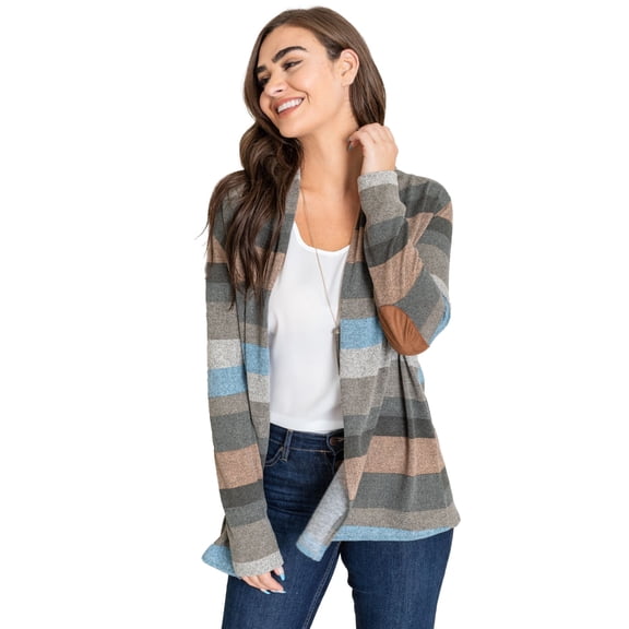 Eloges Women's Multi Color Stripe Elbow Patch Open Cardigan