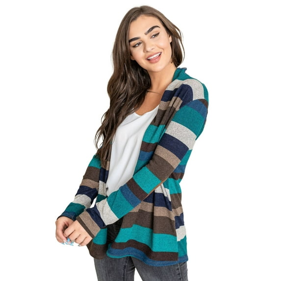 Eloges Women's Multi Color Stripe Elbow Patch Open Cardigan
