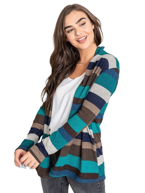 Women's Multi Color Stripe Elbow Patch Open Cardigan