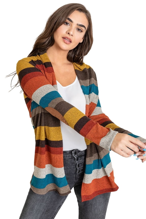 Women's Multi Color Stripe Elbow Patch Open Cardigan