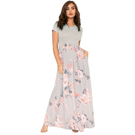Eloges Women's Short Sleeve Contrast Floral Maxi Dress with Pockets