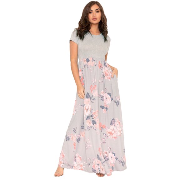 Eloges Women's Short Sleeve Contrast Floral Maxi Dress with Pockets