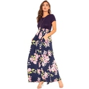 Eloges Womens Short Sleeve Contrast Floral Maxi Dress with Pockets