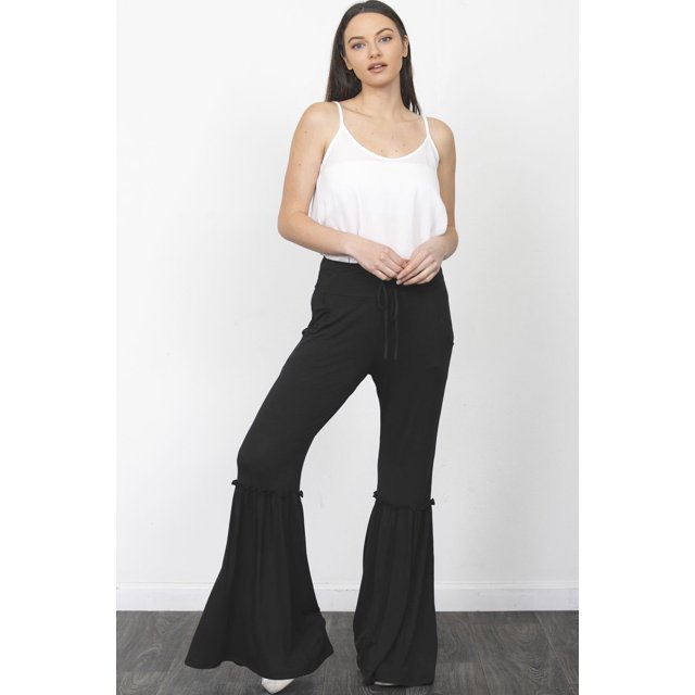 Eloges Women's Solid Ruffle Trim Bell Bottom Drawstring Pants