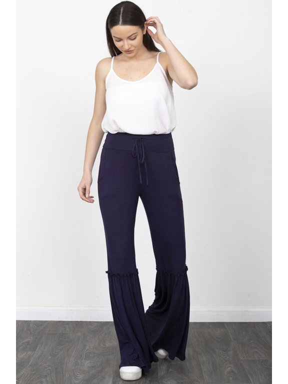 Women's Solid Ruffle Trim Bell Bottom Drawstring Pants