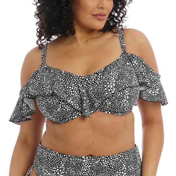 Elomi Pebble Cove Bardot Ruffle Underwire Bikini Top (ES801106),42F,Black