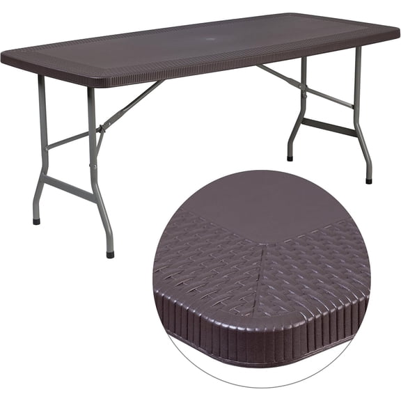 5.62-Foot Brown Rattan Indoor-Outdoor Plastic Folding Table with Umbrella Hole