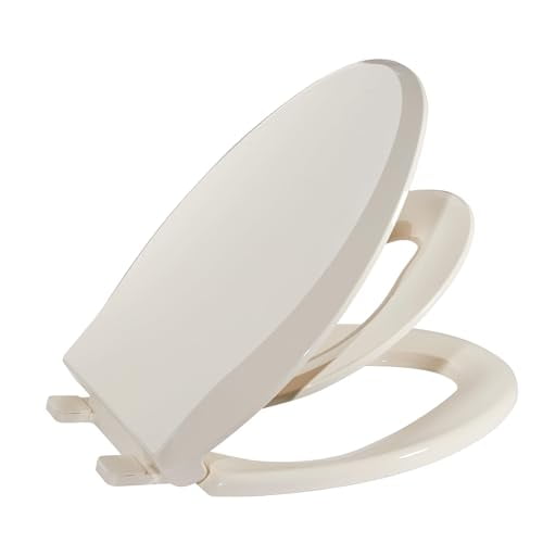 Elongated Almond Toilet Seat with Built-in Toddler Ring, Slow-Close Mechanism, Quick-Detach Design for Easy Cleaning, Fits Standard Round Bowls, Ideal for Potty Training Adults and Kids