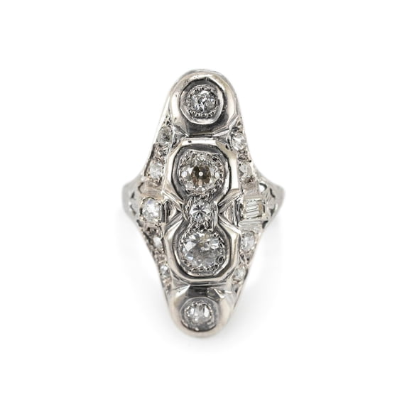 Elongated Antique Navette Diamond Ring, Vintage Art Deco Dinner Ring, Edwardian Retro Diamond Ring, Women's Cocktail Diamond Engagement Ring, 925 Sterling Silver, 2.2 Ct Simulated Diamond