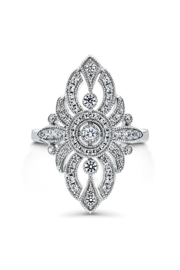 Elongated Dinner Diamond Ring, Antique Navette Engagement Ring, Milgrain Bezel Set Diamond Ring, Beads Set Shank Ring, 14K White Gold Plated, 2.3 Ct Simulated Diamond, Gift Ring For Her