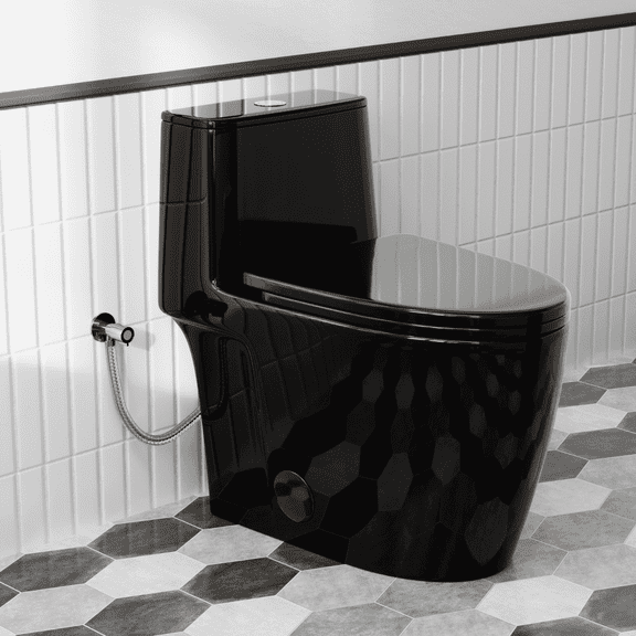 Elongated One Piece Toilet For Bathroom Gloss Black Comfortable 17.3 in. ADA Seat Height, Dual Flush 1.0/1.28 GPF, Soft-Close Seat
