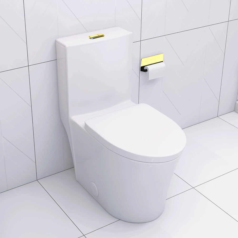 White Elongated One-Piece Toilet with Golden Button