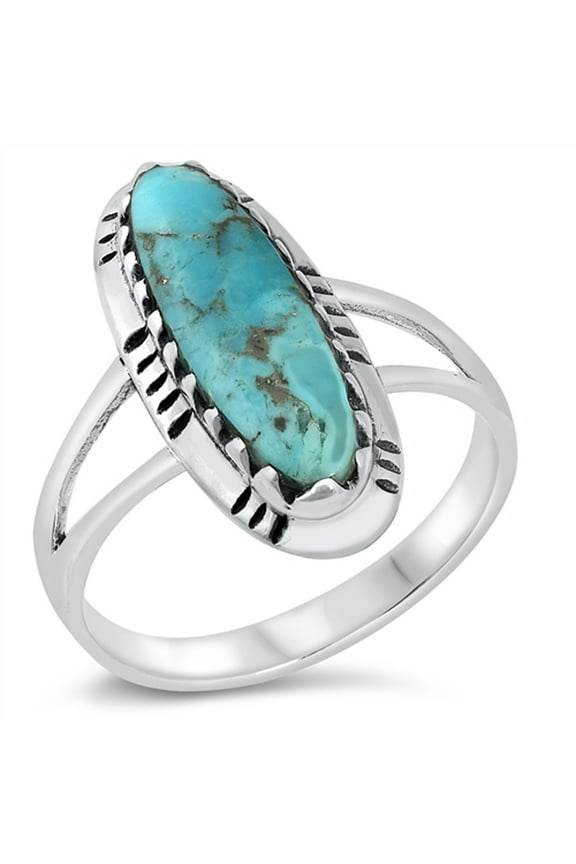Elongated Oval Boho Grooved Ring .925 Sterling Silver Band Blue CZ Jewelry Female Size 11