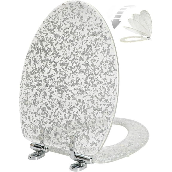 Elongated Resin Toilet Seat Glitter Silver, Slow Quiet-Close Lid and Seat, Heavy Duty Toilet Seats for Standard Toilet, Easy Installation & Cleaning (19Inch, Silver Foil, Upgraded hinges)