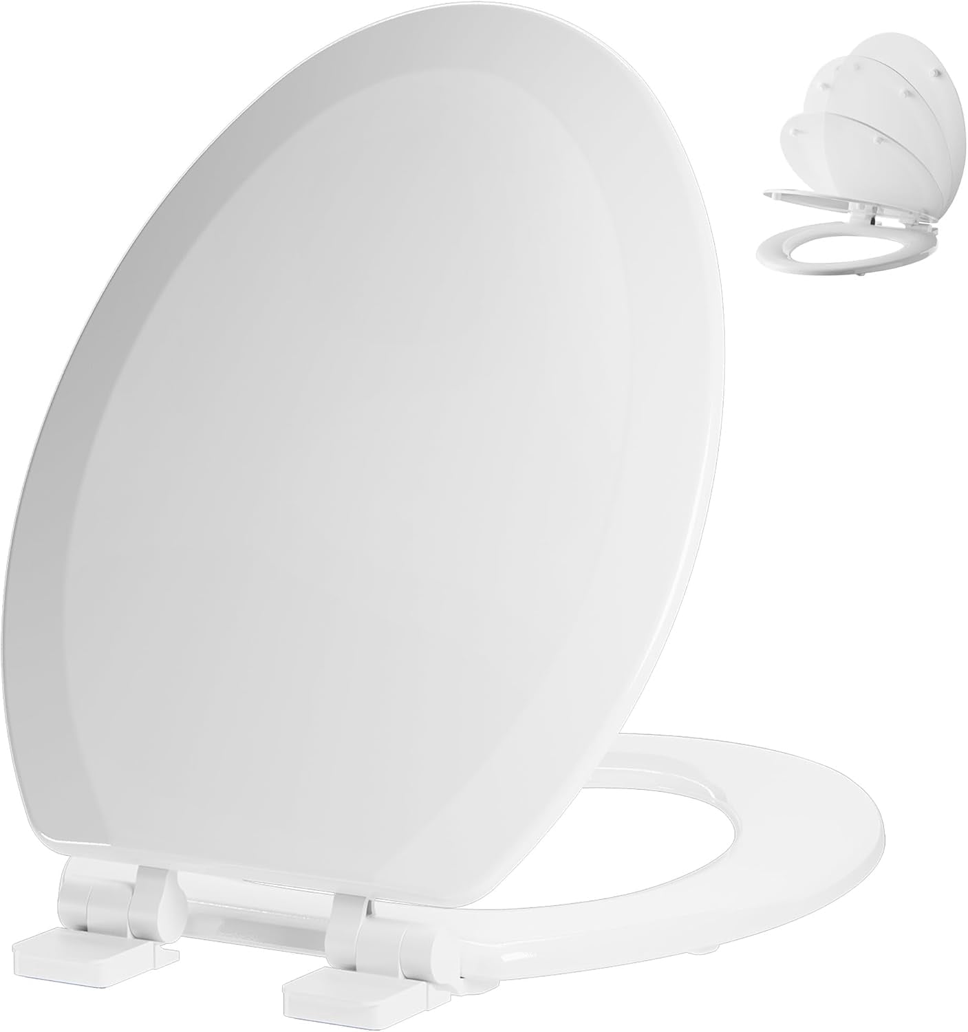 Elongated Toilet Seat  Quiet-Close Molded Wood Toilet Seat with Non-Slip Adjustable Hinges, Anti-Pinch Bumpers, Easy Install & Clean（White, Elongated 18.5''）