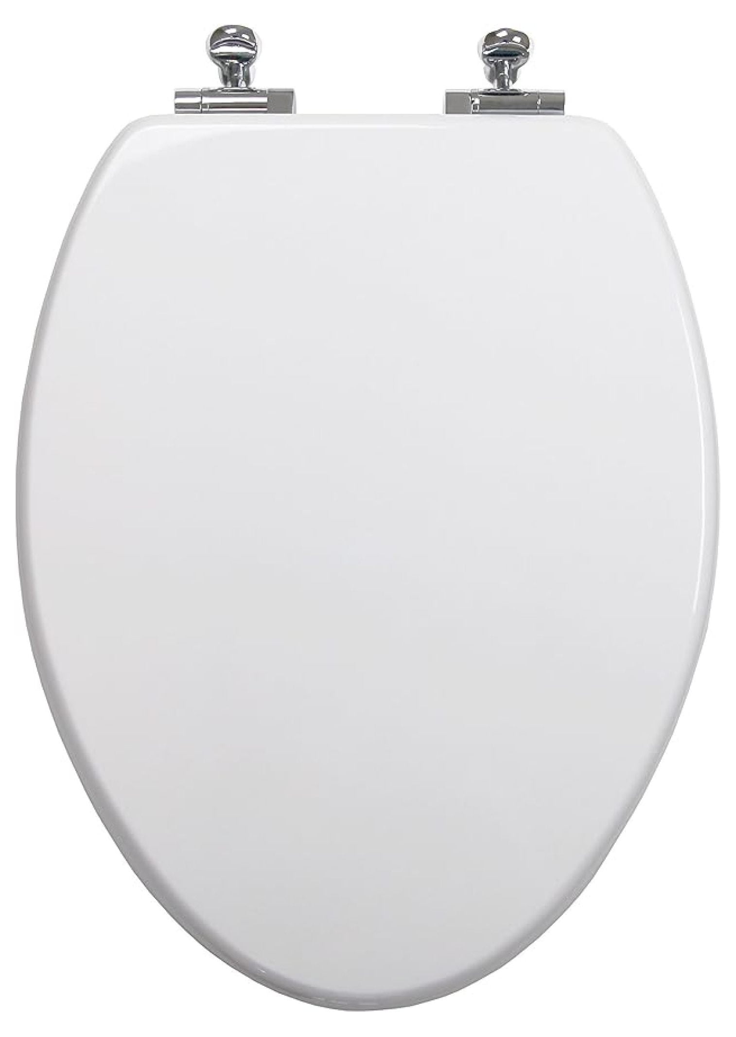 Elongated Toilet Seat Slow Close White Wood - 18.5" Elongated Bowl Fit - Chromed Metal Hinges - Easy Install