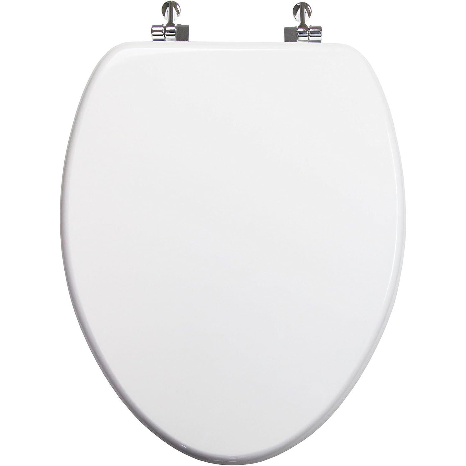 Elongated Toilet Seat w/Chromed Metal Hinges, Wood, White