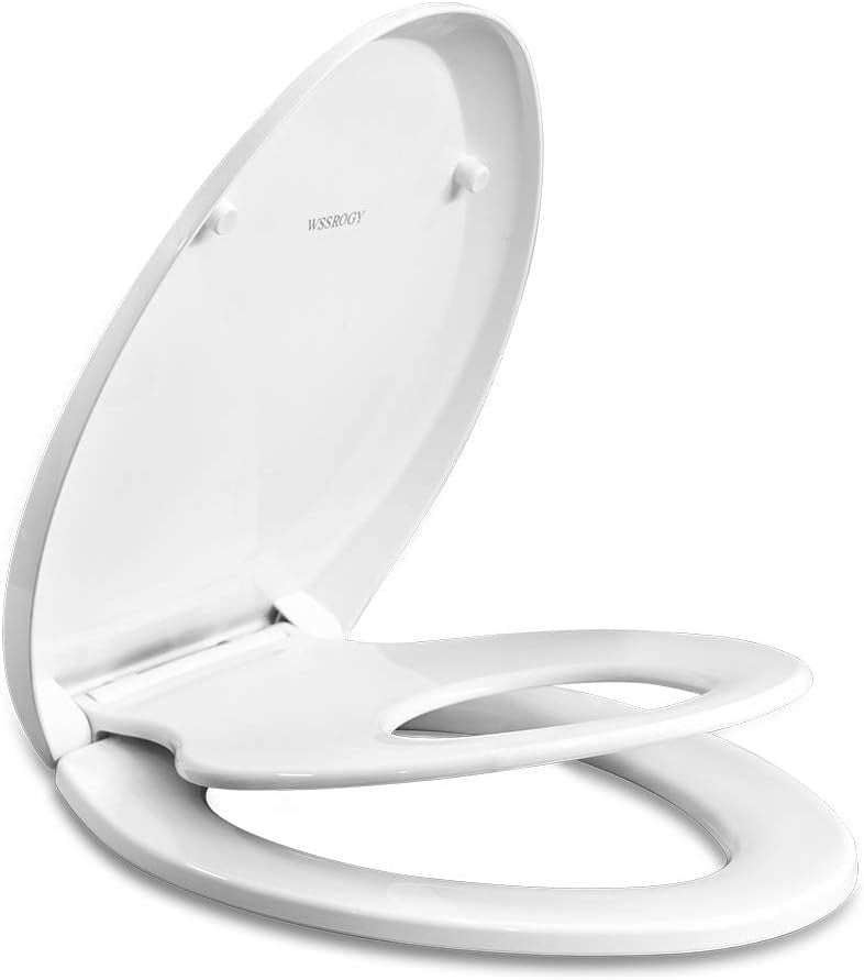 Elongated Toilet Seat with Built in Potty Training Seat, Magnetic Kids Seat and Cover, Slow Close, Fits both Adult and Child, Plastic, White