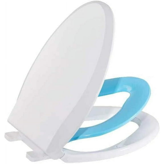 Elongated Toilet Seat with Integrated Potty Training Seat, Magnetic Kids Cover, Slow Close Feature, and Secure Fit for Adults and Toddlers (Blue)