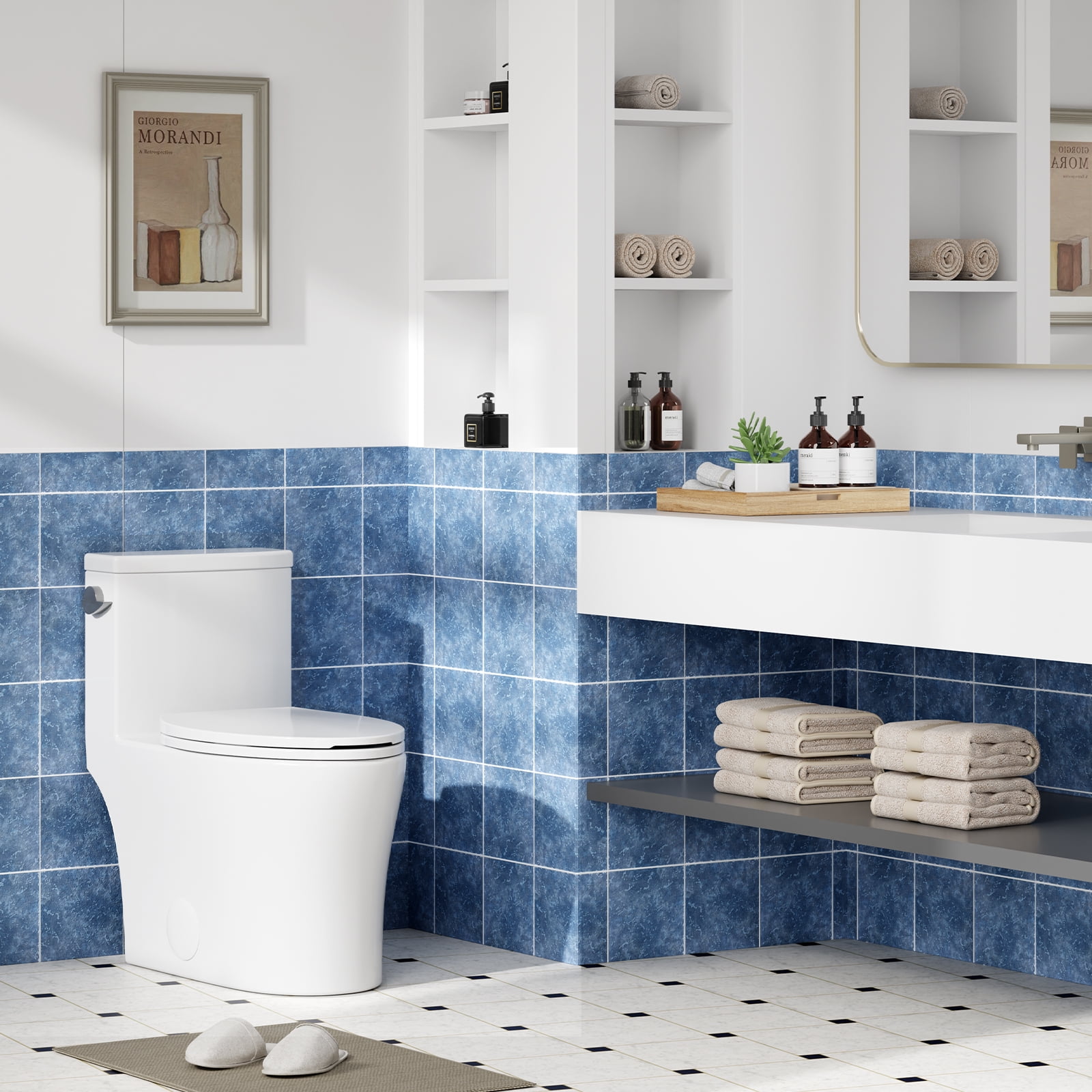 Elongated Toilet for Bathrooms, One-Piece Toilet with Soft Close Seat, Powerful & Quiet Left Side/ Dual Flush Trip Lever Flush , Ceramic Crisp White