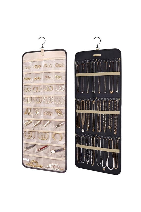 Double-Sided Hanging Jewelry Organizer, Foldable Portable Jewelry Storage Roll with Metal Necklace Hooks & Transparent Pockets, Closet Wall Mount Storage Bag for Necklaces, Earrings, Rings and
