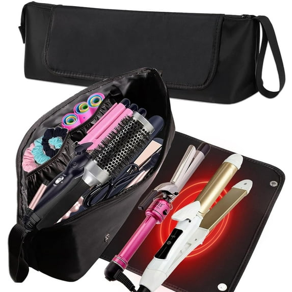 Elook Hot Hair Tools Travel Bag with Heat Resistant Mat Removable Hair Styling Accessories Organizer Case Women Essentials Storage Pouch for Curling Iron Straightener Flat Iron Hair Dryer Gift Black
