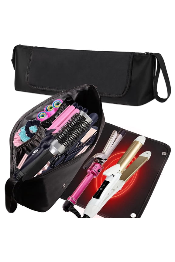 Hot Hair Tools Travel Bag with Heat Resistant Mat Removable Hair Styling Accessories Organizer Case Women Essentials Storage Pouch for Curling Iron Straightener Flat Iron Hair Dryer Gift Black