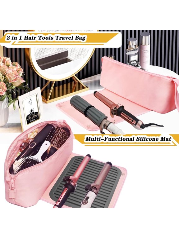 Hot Hair Tools Travel Bag with Heat Resistant Mat Removable Hair Styling Accessories Organizer Case Women Essentials Storage Pouch for Curling Iron Straightener Flat Iron Hair Pink