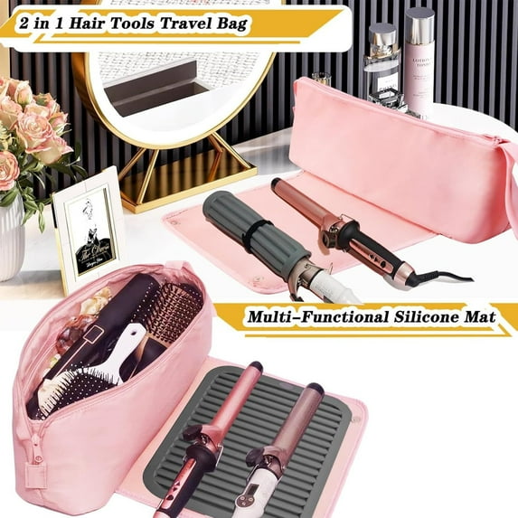 Elook Hot Hair Tools Travel Bag with Heat Resistant Mat Removable Hair Styling Accessories Organizer Case Women Essentials Storage Pouch for Curling Iron Straightener Flat Iron Hair Dryer Gift Pink