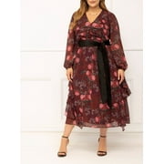 Eloquii Elements Women's Chiffon Midi Plus Dress With Belt