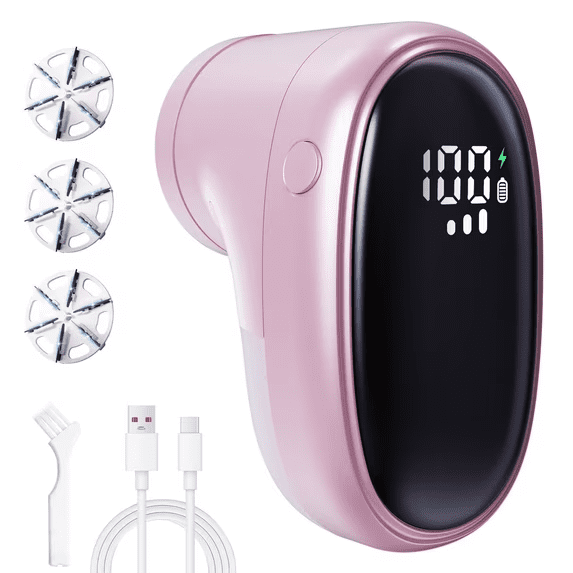 Elorti Fabric Shaver and Lint Remover, Rechargeable 800mAh Portable Sweater Shaver with LED Display, Includes 3 Extra Stainless Steel Blades, Remove Fuzz & Bobbles, USB Charging