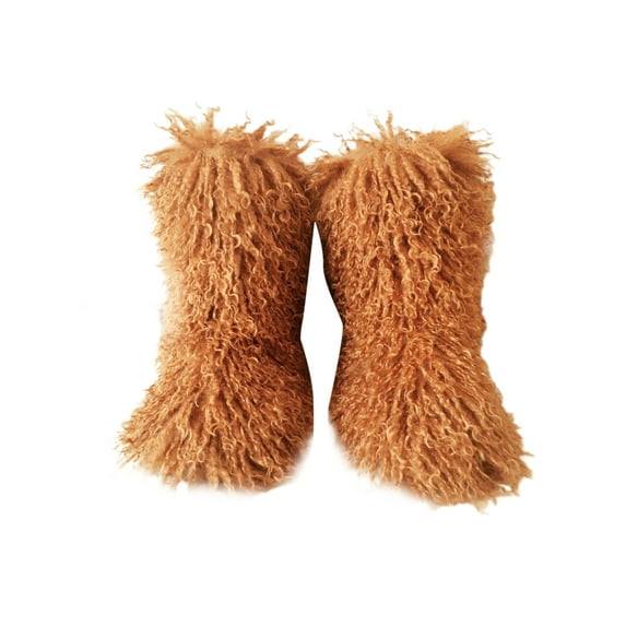 Eloshman Ladies Comfortable Plush Mid Calf Boot Indoor Outdoor Fashion Fuzzy Snow Boots Cozy Furry Light Brown 7.5