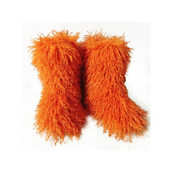 Eloshman Ladies Comfortable Plush Mid Calf Boot Indoor Outdoor Fashion Fuzzy Snow Boots Cozy Furry Orange 5