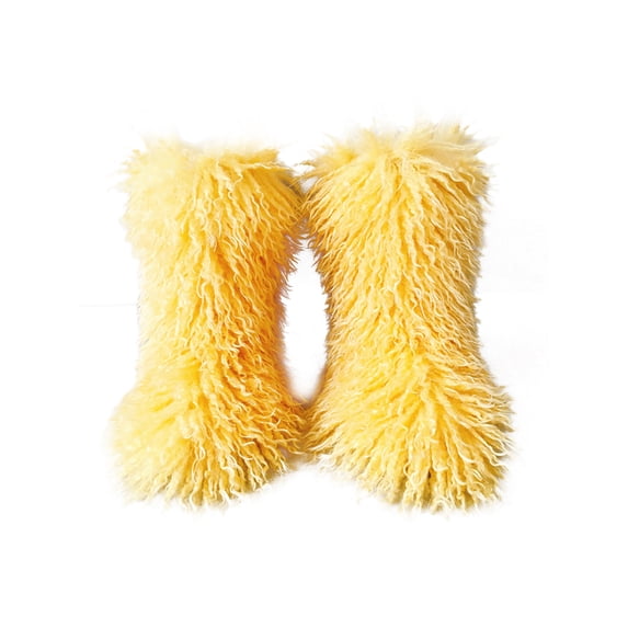 Eloshman Ladies Comfortable Plush Mid Calf Boot Indoor Outdoor Fashion Fuzzy Snow Boots Cozy Furry Yellow 7.5