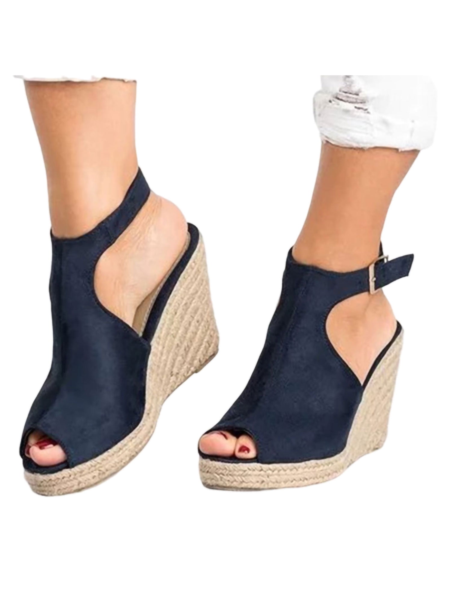 Peep Toe Wedge Sandals Navy Blue Wedge Pumps Eloshman Ladies