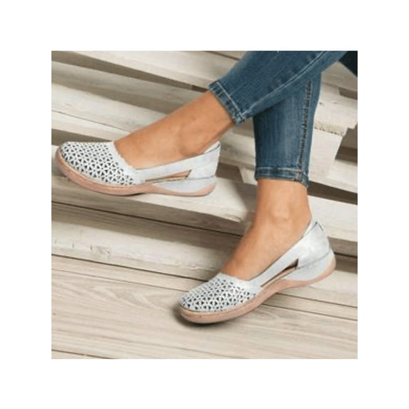 Eloshman Walking Shoes Women Wide Width Non Slip Loafers Hollow Breathable Slip on Flat Summer Dress Sandals