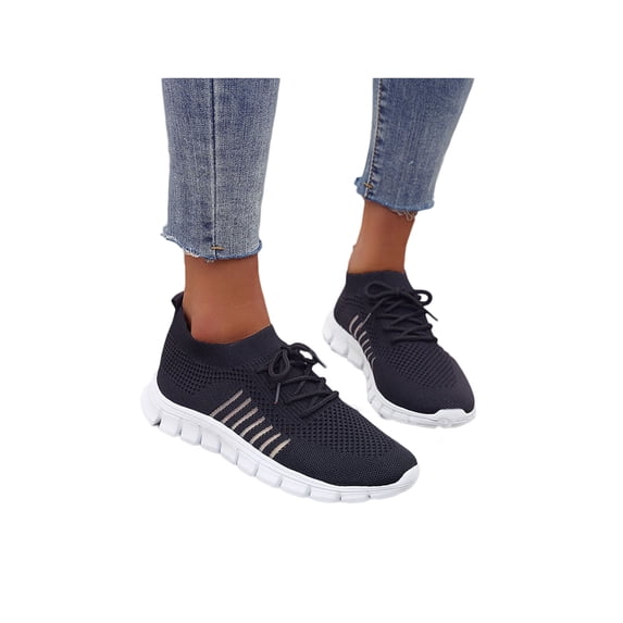 Eloshman Women Casual Shoe Comfort Flats Lace Up Sneakers Outdoor Lightweight Slip On Walking Shoes Non-slip Sock Sneaker Dark Blue 7