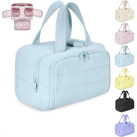 Elouva Toiletry Bag, 4-in-1 Large Capacity Puffy Makeup Bag with Wide-Open Design, Waterproof Travel Cosmetic Organizer with Dry Wet Separation & Multiple Compartments for Women