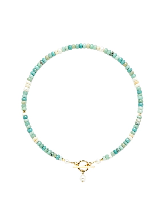 Elova Jewelry Dainty Handmade Beaded Necklace, Turquoise and Pearl Beads WWSOGQH