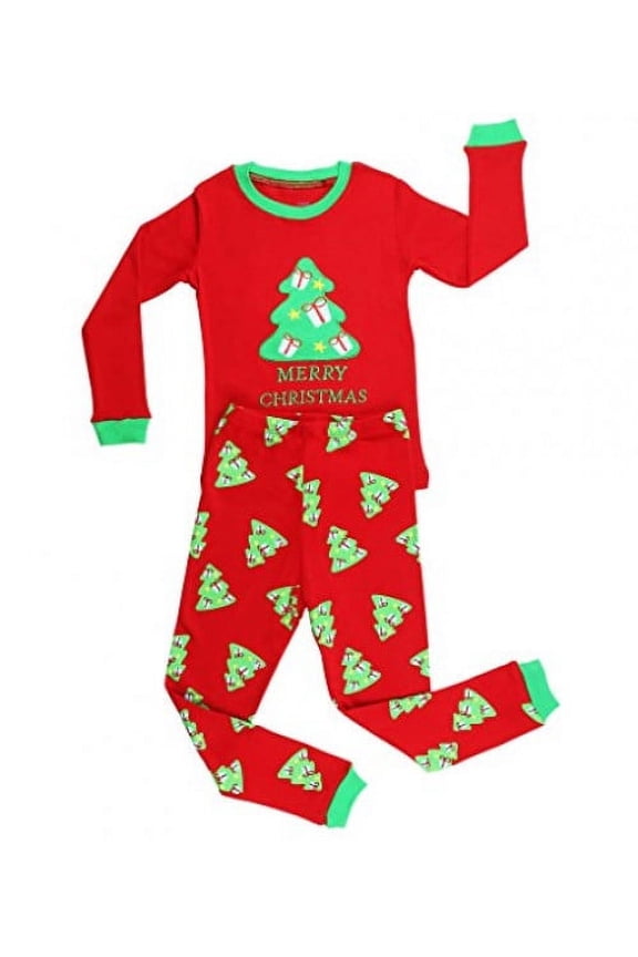 Elowel Family Matching Pajamas - Red and Green Merry Christmas Tree 2-piece Pajama Gift Set