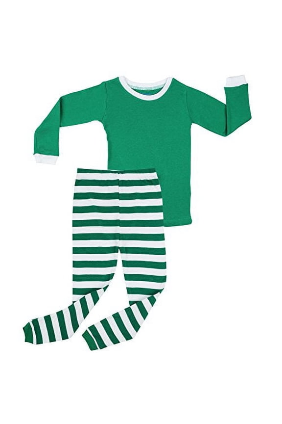 Elowel Matching Family Christmas Pajamas - Green Top & Striped Pants 2-Piece Set