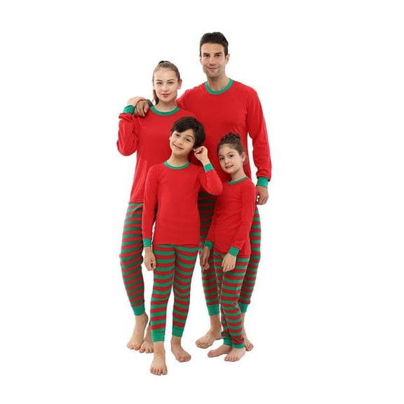 Elowel Matching Family Christmas Pajamas - Red Top & Green Striped Pants 2-Piece Set