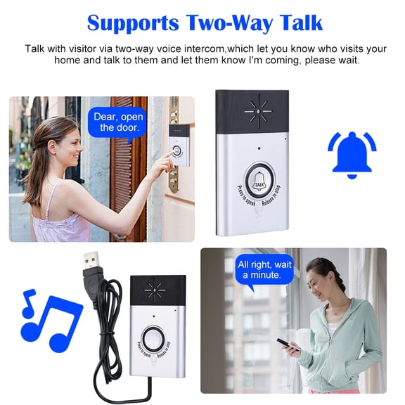 Elowen 2-way Talk Monitor Wireless Voice Intercom Doorbell 2-way Talk Monitor with 1xOutdoor Unit Button 2x Indoor Unit Receiver Smart Home Security Door Bell,Silver